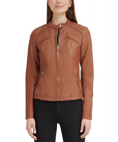 Faux-Leather Moto Jacket Brown $58.50 Coats