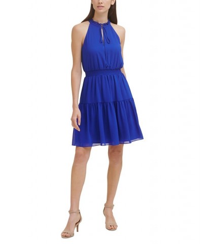 Smocked Chiffon Fit & Flare Dress Blue $63.64 Dresses