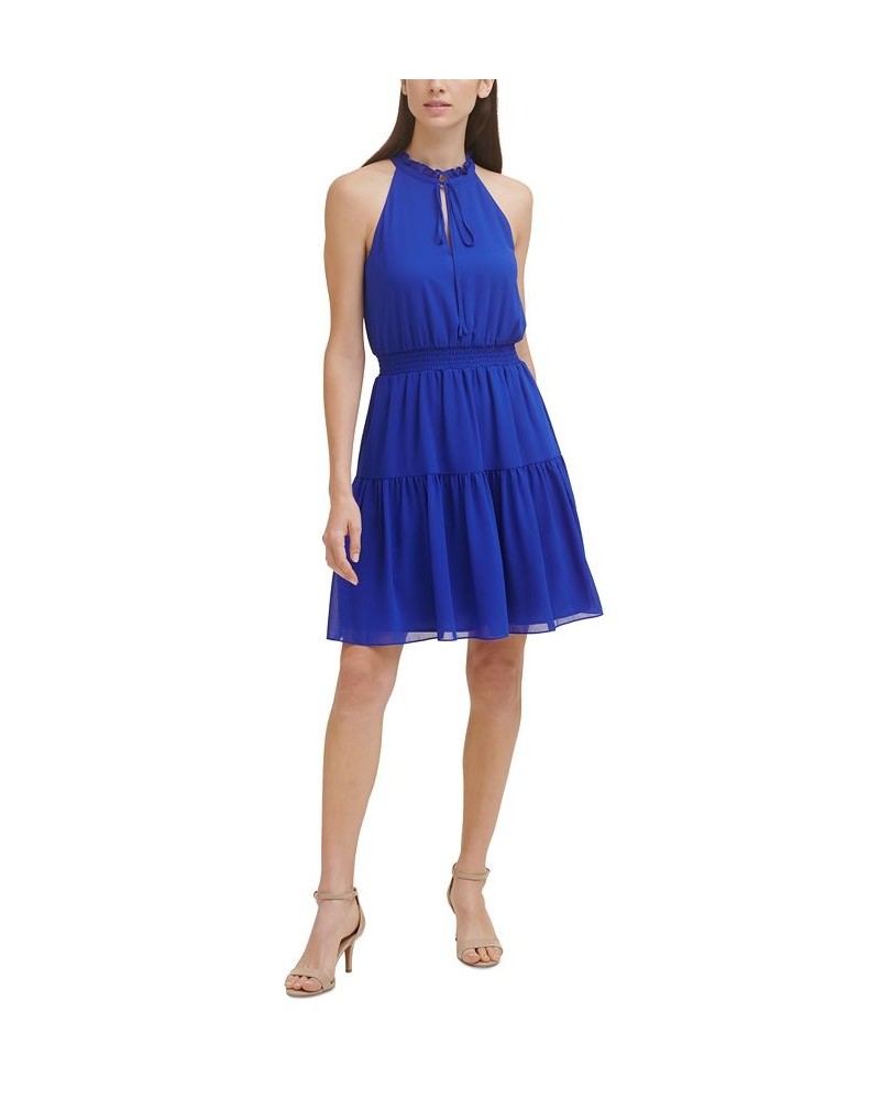 Smocked Chiffon Fit & Flare Dress Blue $63.64 Dresses