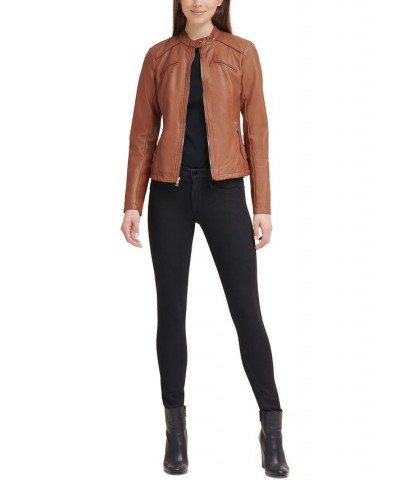 Faux-Leather Moto Jacket Brown $58.50 Coats