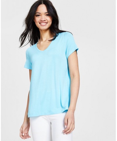 Women's V-Neck T-Shirt Blue $10.68 Tops