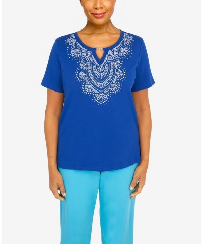 Petite Cool Vibrations Vibing Embroidered Split Neck T-shirt Ocean Blue $32.67 Tops