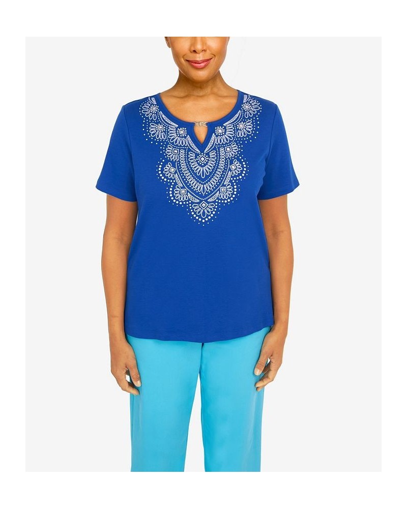 Petite Cool Vibrations Vibing Embroidered Split Neck T-shirt Ocean Blue $32.67 Tops