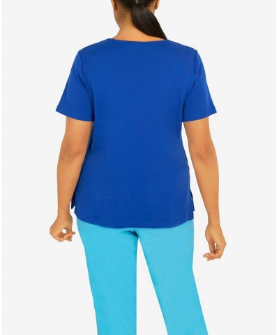 Petite Cool Vibrations Vibing Embroidered Split Neck T-shirt Ocean Blue $32.67 Tops