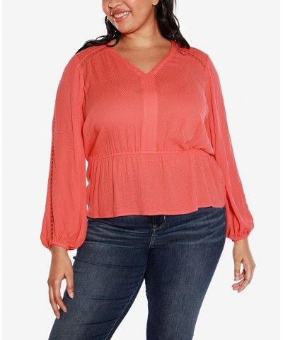 Black Label Plus Size Long Sleeve V-neck Peplum Top Orange $33.93 Tops