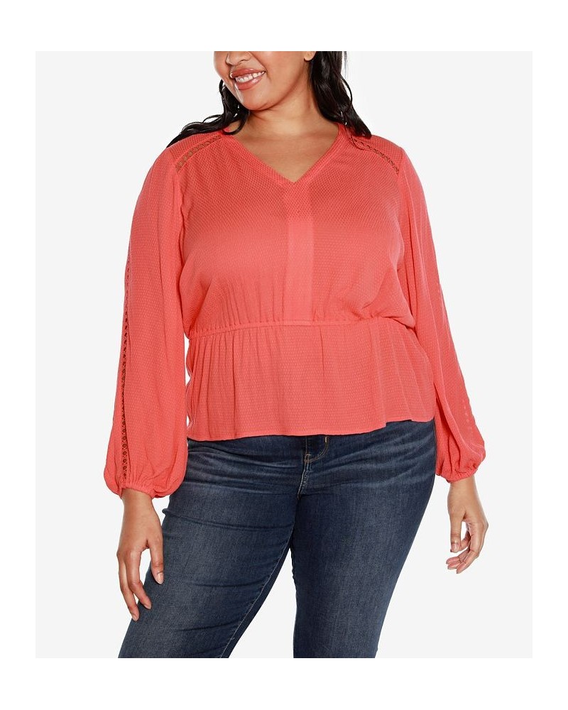 Black Label Plus Size Long Sleeve V-neck Peplum Top Orange $33.93 Tops