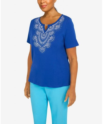 Petite Cool Vibrations Vibing Embroidered Split Neck T-shirt Ocean Blue $32.67 Tops