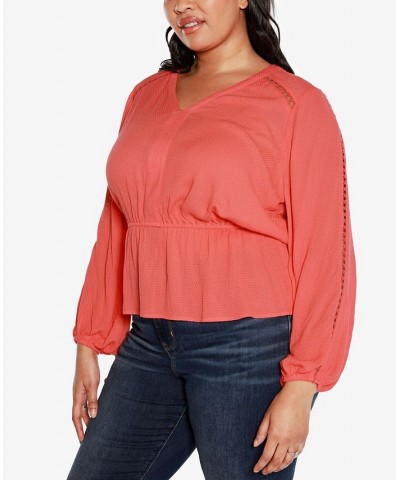 Black Label Plus Size Long Sleeve V-neck Peplum Top Orange $33.93 Tops