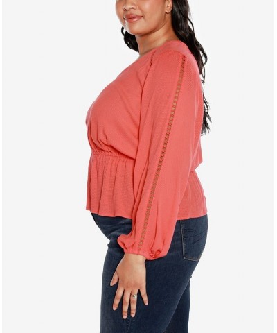 Black Label Plus Size Long Sleeve V-neck Peplum Top Orange $33.93 Tops