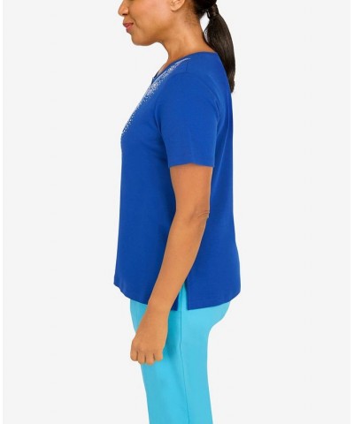 Petite Cool Vibrations Vibing Embroidered Split Neck T-shirt Ocean Blue $32.67 Tops