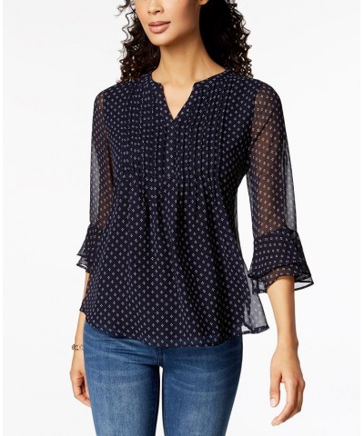 Petite Printed Pintuck Top Blue $25.51 Tops