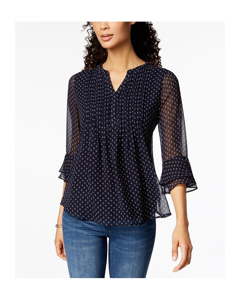 Petite Printed Pintuck Top Blue $25.51 Tops