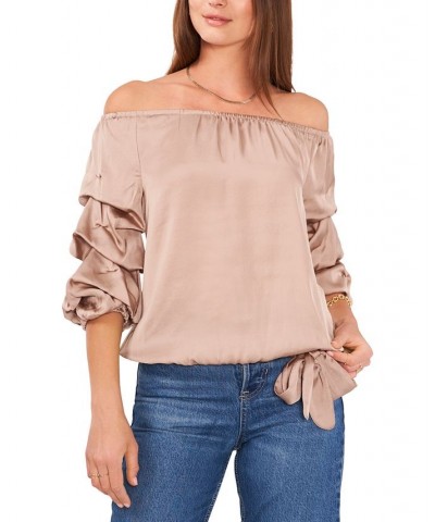 Women's Off-the-Shoulder Balloon-Sleeve Blouse Tan/Beige $32.39 Tops