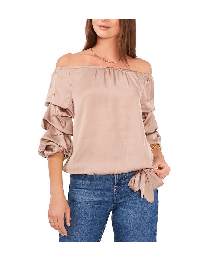 Women's Off-the-Shoulder Balloon-Sleeve Blouse Tan/Beige $32.39 Tops