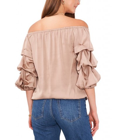 Women's Off-the-Shoulder Balloon-Sleeve Blouse Tan/Beige $32.39 Tops