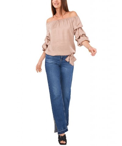 Women's Off-the-Shoulder Balloon-Sleeve Blouse Tan/Beige $32.39 Tops