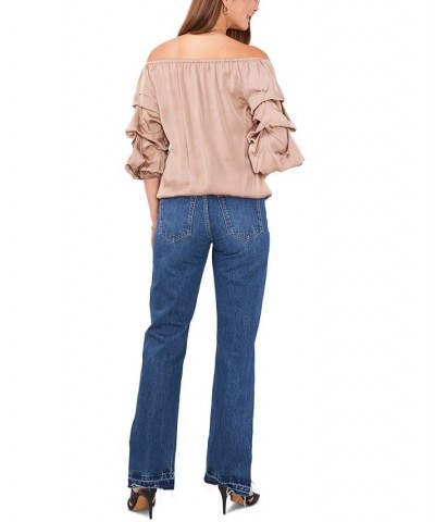 Women's Off-the-Shoulder Balloon-Sleeve Blouse Tan/Beige $32.39 Tops