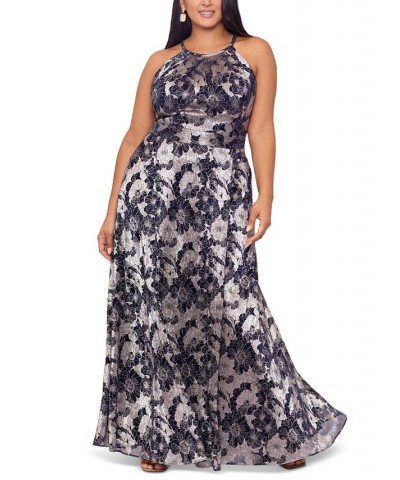 Plus Size Floral Foil Print Halter-Neck Gown Navy Gunmetal $95.79 Dresses