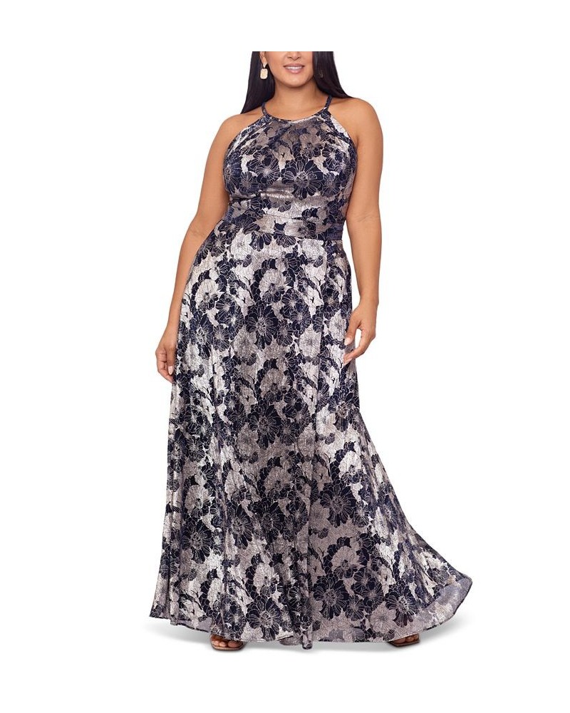 Plus Size Floral Foil Print Halter-Neck Gown Navy Gunmetal $95.79 Dresses