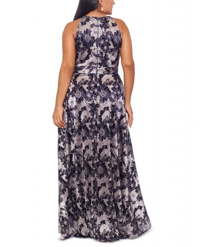 Plus Size Floral Foil Print Halter-Neck Gown Navy Gunmetal $95.79 Dresses