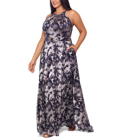 Plus Size Floral Foil Print Halter-Neck Gown Navy Gunmetal $95.79 Dresses