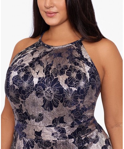 Plus Size Floral Foil Print Halter-Neck Gown Navy Gunmetal $95.79 Dresses