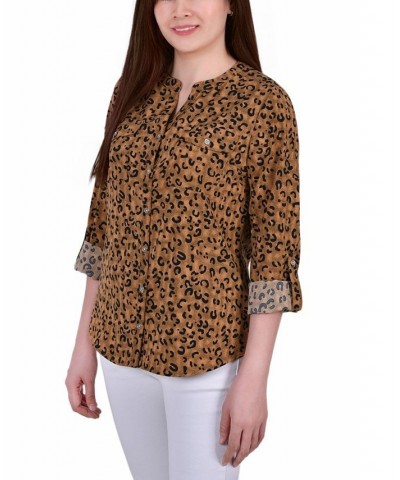 Petite Tab Y Neck Blouse Black, White Torterella $12.60 Tops