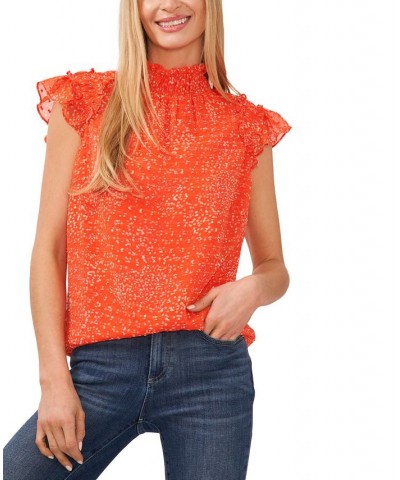 Women's Mock Neck Flutter Sleeve Printed Blouse Orange $38.71 Tops