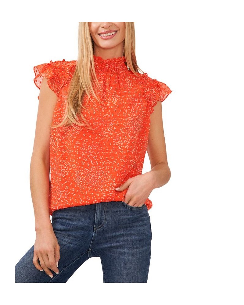 Women's Mock Neck Flutter Sleeve Printed Blouse Orange $38.71 Tops