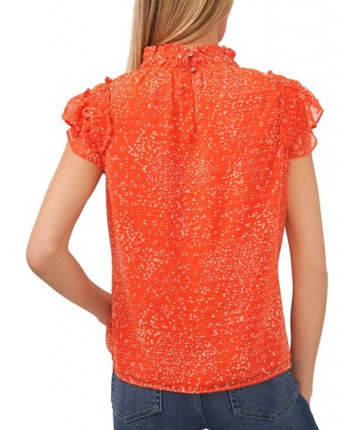 Women's Mock Neck Flutter Sleeve Printed Blouse Orange $38.71 Tops