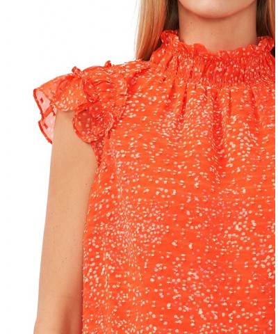 Women's Mock Neck Flutter Sleeve Printed Blouse Orange $38.71 Tops