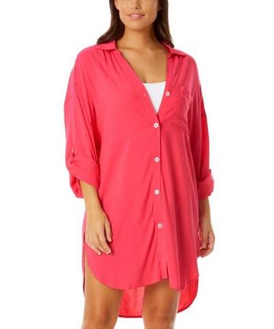 Women's Button-Front Roll-Tab-Sleeve Cover-Up Hot Pink $47.52 Swimsuits