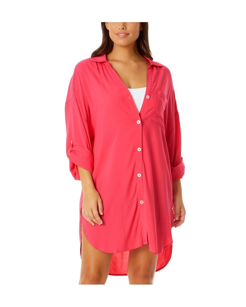 Women's Button-Front Roll-Tab-Sleeve Cover-Up Hot Pink $47.52 Swimsuits