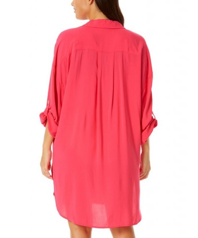 Women's Button-Front Roll-Tab-Sleeve Cover-Up Hot Pink $47.52 Swimsuits