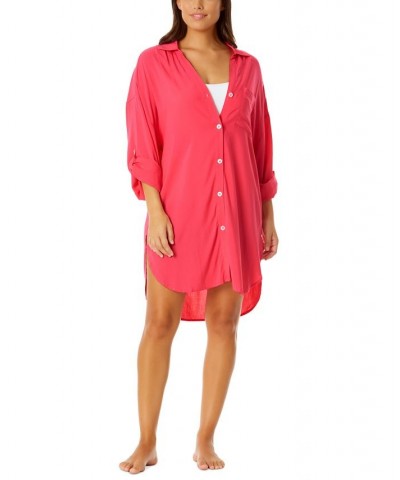 Women's Button-Front Roll-Tab-Sleeve Cover-Up Hot Pink $47.52 Swimsuits