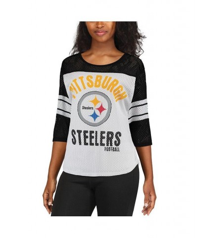 Women's White and Black Pittsburgh Steelers First Team Three-Quarter Sleeve Mesh T-shirt White, Black $24.20 Tops