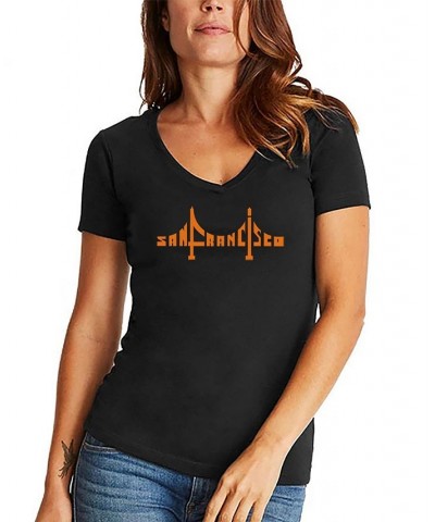 Women's San Francisco Bridge Word Art V-neck T-shirt Black $18.19 Tops