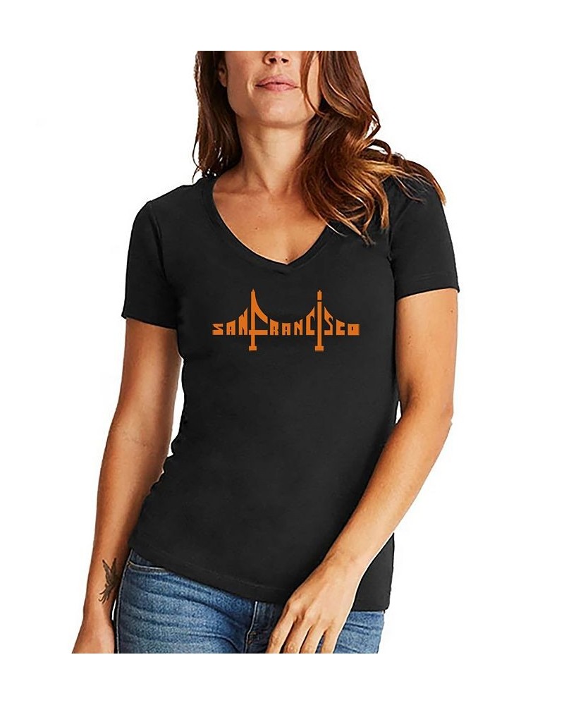 Women's San Francisco Bridge Word Art V-neck T-shirt Black $18.19 Tops