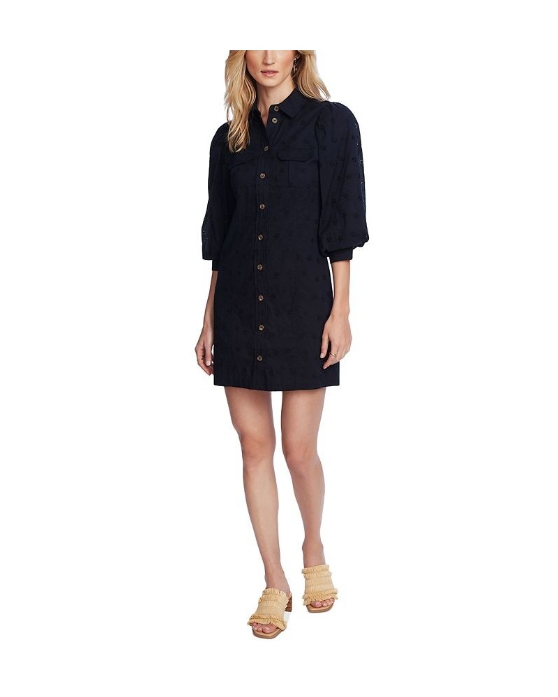 Women's Puff-Sleeve Eyelet Shirtdress Blue $50.88 Dresses