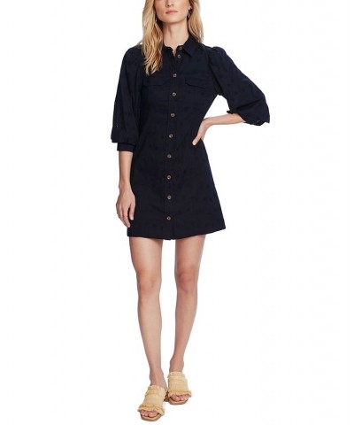 Women's Puff-Sleeve Eyelet Shirtdress Blue $50.88 Dresses