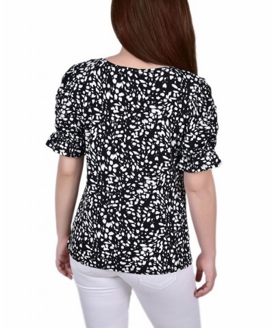 Women's Elbow Cuffed Sleeve Hardware Top Ivory Flower $14.88 Tops