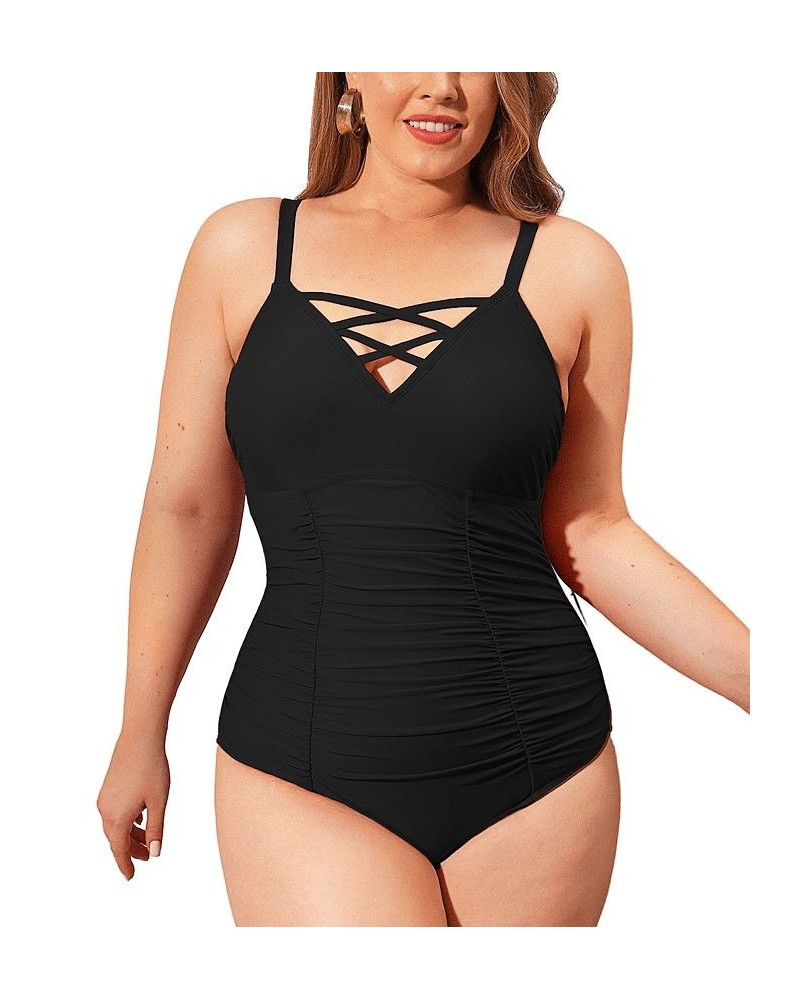 Women's Front Crisscross V Neck Plus Size One Piece Swimsuit Black $23.40 Swimsuits