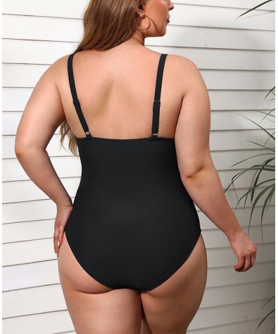 Women's Front Crisscross V Neck Plus Size One Piece Swimsuit Black $23.40 Swimsuits