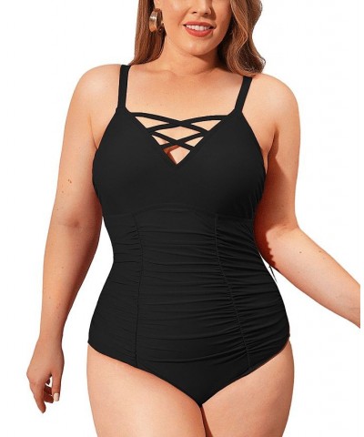 Women's Front Crisscross V Neck Plus Size One Piece Swimsuit Black $23.40 Swimsuits