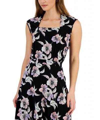 Women's Floral-Print Square-Neck Cap-Sleeve Top Black Multi $19.71 Tops