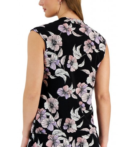 Women's Floral-Print Square-Neck Cap-Sleeve Top Black Multi $19.71 Tops