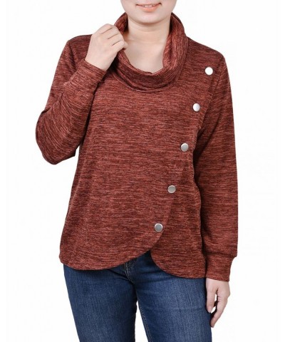 Petite Size Long Sleeve Overlapping Cowl Neck Top Rooibos Tea $13.20 Tops