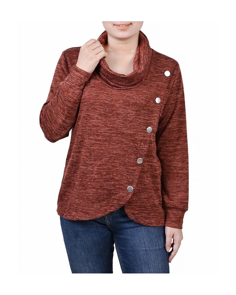 Petite Size Long Sleeve Overlapping Cowl Neck Top Rooibos Tea $13.20 Tops