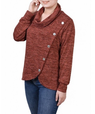 Petite Size Long Sleeve Overlapping Cowl Neck Top Rooibos Tea $13.20 Tops