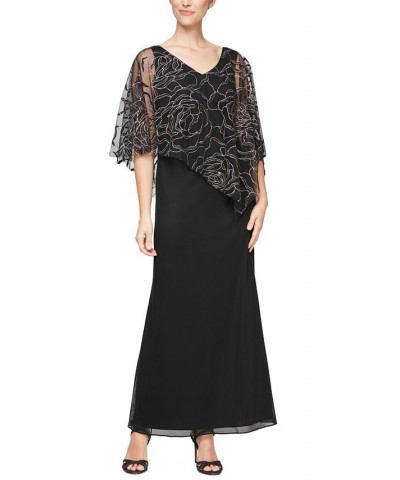 Popover V Neck Glitter Floral with Asymetric Cape Black/Rose Gold $35.28 Dresses